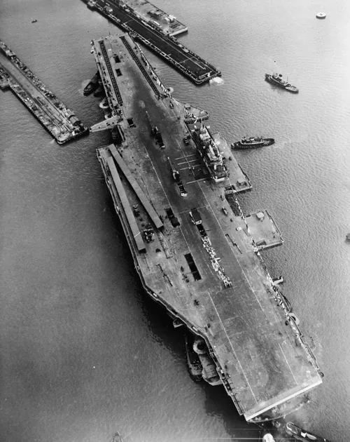 USS Forrestal at Newport News SBDD in December 1954