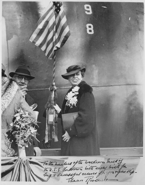 Eleanor Roosevelt christens YORKTOWN in Newport News, Virginia